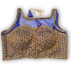 Mirror and Stonework Saree Blouse -  Blue Embellished Blue Choli, Blue Embellished Blouse Piece For Festivals, Elegant Embellished Blue Blouse Piece, Festival Embellished Blue Blouse Piece, Elegant Blue Blouse With Mirror Work, Traditional Embellished Blue Blouse, Blue Bollywood Blouse For Formal Occasions, Blue Bollywood Formal Blouse Piece, Blue Bollywood Style Formal Blouse Piece