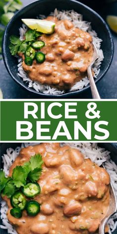 rice and beans in a skillet on top of white rice with green peppers, cilantro and limes