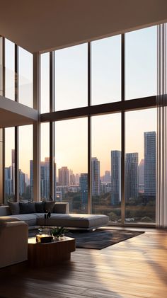 a living room with large windows and wooden flooring in front of the city skyline