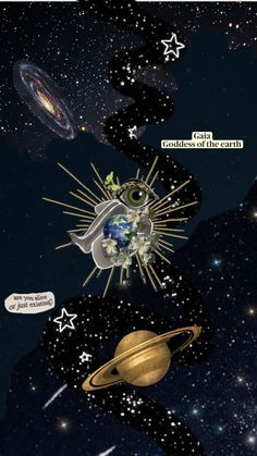 an image of the solar system with stars and planets around it, as well as a comic strip