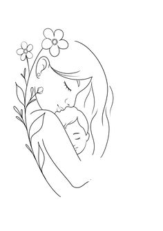 a drawing of a woman holding a baby in her arms with flowers on the side