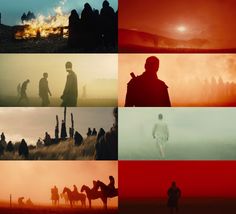 four different images of people riding horses in the sunset, and on horseback at dusk