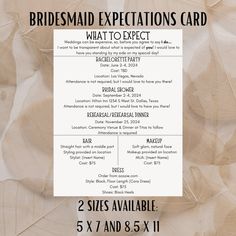 the bridesmad expectations card is displayed on top of a sheet of parchment paper