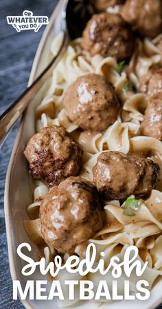 meatballs and noodles are served in a bowl with the words swedish meatballs on it