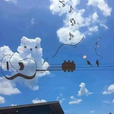 there are many kites being flown in the sky with animals on them and music notes