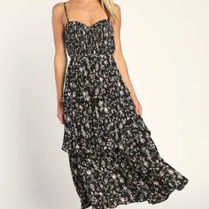 Lulu's Cascading Crush Black Floral Print Tiered Bustier Midi Dress Size L New With Tags! Never Been Worn And In Perfect Condition- Just Was Not Returned In Time! Original Price: $88 Flowy Black Maxi Dress With Ruffles, Black Tiered Dress For Date Night, Flowy Black Maxi Dress For Brunch, Black Bohemian Midi Dress With Ruffles, Black Bohemian Tiered Maxi Dress, Black Tiered Maxi Dress For Brunch, Black Tiered Bohemian Maxi Dress, Black Flowy Maxi Sundress, Black Flowy Sundress Maxi Dress