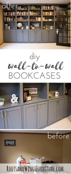 the before and after pictures of this bookcase makeover are shown in two different photos