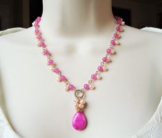 Hot Pink Jade Cluster Necklace.Freshwater Pearl.Pendant | Etsy Pink Elegant Dangle Beaded Necklaces, Elegant Necklace With Colorful Dangle Beads, Elegant Dangle Necklace With Colorful Beads, Elegant Pink Pearl Necklace With Colorful Beads, Elegant Necklace With Colorful Beads, Elegant Pink Pearl Necklace With Beaded Chain, Pink Jade, Necklace Bridal, Classic Necklace