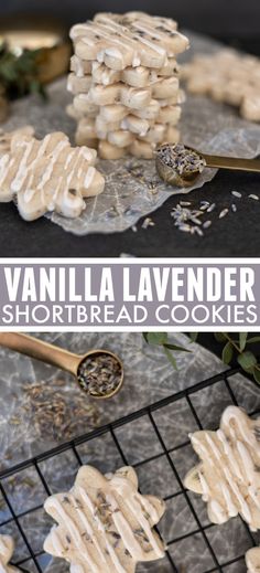 vanilla lavender shortbread cookies on a cooling rack