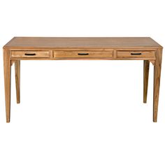 a wooden desk with two drawers on one side and an open drawer on the other