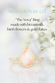 The Nova breastmilk / keepsake ring by Milk Couture Co. made with breastmilk, January + March birth flowers, gold flakes, and opal shimmer. #breastmilk #keepsake #breastmilkjewelry #keepsakejewelry Breastmilk Keepsake, March Birth Flowers, Gold Flakes