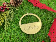 a personalized christmas ornament in the grass with pine cones and evergreens