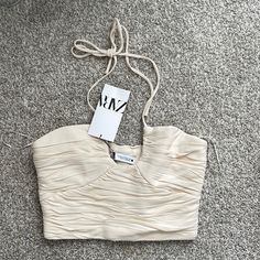 Nwt Crop Top. Has Zipper On Side Cream Crop Top For Spring Party, Spring Party Cream Crop Top, Fitted Beige Zara Crop Top, Chic Neutral Crop Top For Spring, Elegant Cream Crop Top For Spring, Zara Beige Summer Crop Top, Zara Beige Crop Top For Summer, Chic Beige Zara Crop Top, Chic Neutral Crop Top For Summer