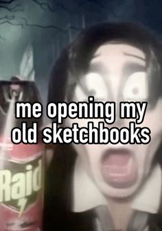 a person with their mouth open in front of an old sketchbook and a soda can