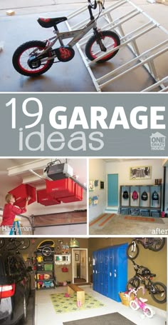 the cover of 19 garage ideas with pictures of bikes and other things in front of them