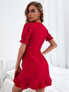 Red Deep V Neck Ruffled Detail Mini Dress Red Mini Dress With Ruffle Hem, Solid Color Mini Ruffle Dress With Ruffle Hem, Solid Mini Ruffle Dress With Ruffle Hem, Mini Length Ruffle Dress With Ruffle Hem, Red Mini Ruffle Dress, Mini Ruffle Hem Dress, Red V-neck Mini Dress With Ruffle Hem, Red V-neck Mini Dress With Ruffles, Red Short Sleeve Mini Dress With Ruffles