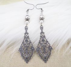 Victorian Gunmetal Silver Filigree White Pearl Large Earrings, Vintage Replica Bridal Wedding Jewelry, Shoulder Dusters, Long Accessory by hhjewelrydesigns on Etsy Handmade Silver Bridal Earrings, Handmade Silver Metal Bridal Earrings, Handmade Antique Silver Wedding Earrings, Antique Silver Handmade Wedding Earrings, Handmade Metal Bridal Drop Earrings, Handmade Metal Drop Bridal Earrings, Antique Silver Wedding Earrings With Intricate Design, Handmade Metal Dangle Bridal Earrings, Antique Silver Metal Earrings For Wedding