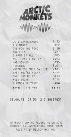 the receipt for arctic monkeys is shown in black and white