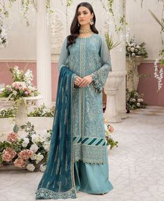 Premium Embroidered Blue Pakistani Party Wear Salwar Kameez Luxurious Outfits, Party Wear Salwar Kameez, Party Wear Salwar, Pakistani Designer Clothes, Dresses Design, Pakistani Party Wear, Raw Silk Fabric, Chiffon Sleeves, Organza Sleeves