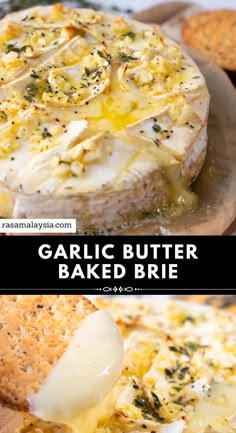 garlic butter baked brie on a plate with crackers