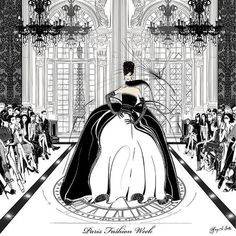 a black and white drawing of a woman in a ball gown at a fashion show