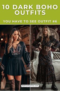 Step into the world of dark boho fashion with these ten versatile outfits. From casual days to chic evenings, these looks feature deep hues, luxurious textures, and unique accessories. Find your perfect dark boho style and make a statement wherever you go. Boho Date Night Outfit Fall, Moody Outfits For Women, Boho Style For Short Women, Boho Style For Women 40, Kimono Boho Outfit, Witchy Date Night Outfit, Boho Everyday Outfits, Boho 2024 Fashion