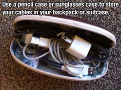 there is a bag with many cords in it and the caption reads use a pencil case or sunglasses case to store your cables in your backpack or suitcase