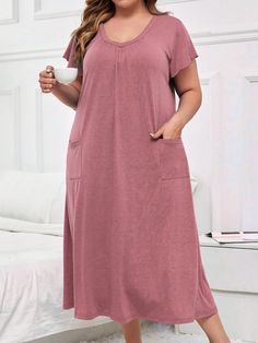 Casual Plus Size Women V-Neck Short Sleeve Pajama Night Dress With Double Pocket, Soft Skin-Friendly Fabric Long Dress Pink Casual-Woman  Cap Sleeve Knitted Fabric Plain Nightgowns Medium Stretch Spring/Fall Women Plus Sleep and Lounge, size features are:Bust: ,Length: ,Sleeve Length: Elegant Pant, Sleep Dress, Print Pajamas, Caps For Women, Dress 100, Skin So Soft, Sleepwear Women, Dress Pink, Night Dress