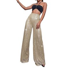 Season:Summer,Spring; Fabric:Polyester; Gender:Women's; Style:Elegant,Fashion,Sparkle; Elasticity:Micro-elastic; Occasion:Club,Going out,Party  Evening,Party,Street; Fit Type:Regular Fit; Function:Comfy; Waistline:High Waist; Pattern:Plain; Design:Sequins; Pants Type:Sparkly Pants,Wide Leg,Pants Trousers; Front page:FF; Listing Date:09/15/2023; Production mode:External procurement; Hips:null; Length:null; Waist:null; Pants Length:Full Length Sequins Pants, Drape Pants, Loose Fitting Pants, Sequin Pants, Streetwear Mode, High Waist Wide Leg Pants, High Waist Fashion, Spring Fabric, Hipster Fashion