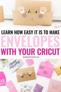 envelopes with cut out animals on them and the words learn how easy it is to make envelopes with your cricut