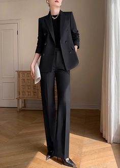 Elevate your professional wardrobe with the Monica Black Pants Suit Two-Piece Set. Crafted with a sophisticated black hue and double-breasted closure, this set exudes luxury and exclusivity. The straight-leg pants and tailored blazer provide a timeless and tasteful look for any business occasion. Blazer: Double Breasted closure Notched lapels Long sleeves Front flap pockets Pants Zip fly with button closure Side slant pockets Regular length - Polyester, spandex- Item #43197- Women's blazer & pan Suits For Business Woman, Black Pantsuits For Women, Women’s Suits Black, Full Black Suit Women, Double Breasted Suit For Women, Black Formal Women Outfit, Elegant Pantsuits For Women, Executive Assistant Outfit Plus Size, Women Double Breasted Suit