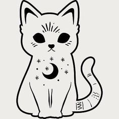 a black and white drawing of a cat with stars on it's chest, sitting down