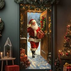 santa claus is coming out the front door with presents in his hand and carrying gifts