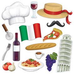 an assortment of italian food and wine related items