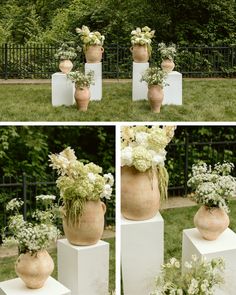 four different pictures of vases with flowers in them on pedestals, and one showing the same flower arrangement