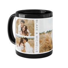 a black coffee mug with two photos on it and the words bake & love spelled