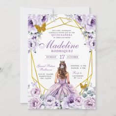 an elegant purple and gold princess birthday party card with flowers on the front, surrounded by butterflies