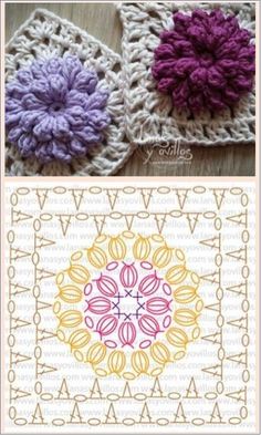 two crocheted squares with different colors and designs on the sides, one has a flower