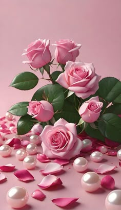 pink roses and pearls on a pink background