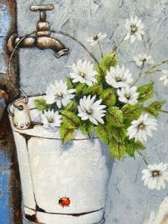 a painting of daisies in a bucket with water running from the faucet