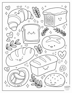 Kawaii bread Paint Activities For Adults, Printable Coloring Pages For Adults Simple, Cooking Coloring Pages, Bread Coloring Page, Kawaii Colouring Pages, Kawaii Coloring Pages Free Printable, Cute Coloring Pages Free Printable, Cute Food Coloring Pages, Dessert Coloring Pages