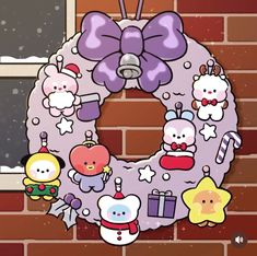 a cartoon christmas wreath hanging on the side of a brick building with snow falling around it