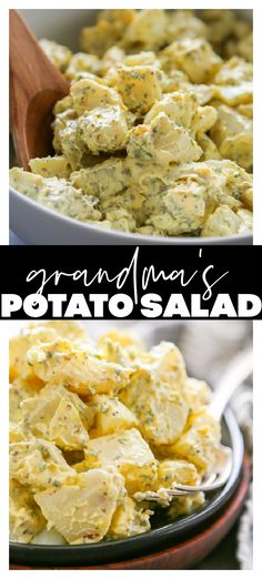 potato salad in a bowl with the words growing man's potato salad