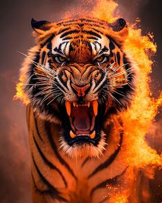 a tiger with its mouth open and it's teeth wide open in front of fire