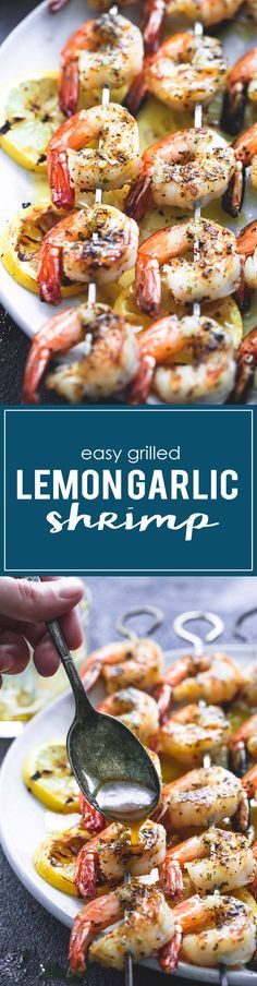 grilled lemon garlic shrimp is being served on a white plate with a serving spoon