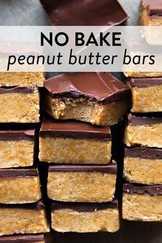 no bake peanut butter bars stacked on top of each other with text overlay