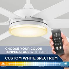 a person holding a remote control in front of a ceiling fan with the words choose your color temperature with ease