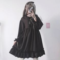 Japanese Sweet Lolita Harajuku Bow Black Ruffles Dress Black Ruffle Dress, Japanese Sweet, Sweet Lolita, Black Ruffle, Line Patterns, Lantern Sleeves, Lolita Fashion, Ruffle Dress, Ruffles