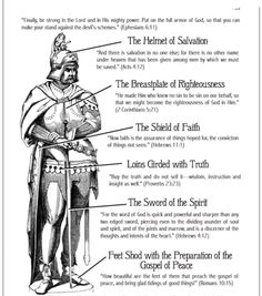 the armor of god is shown in this black and white illustration, with information about it