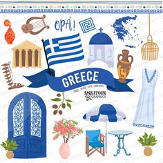 an image of greece and the country's flag with some items to decorate it